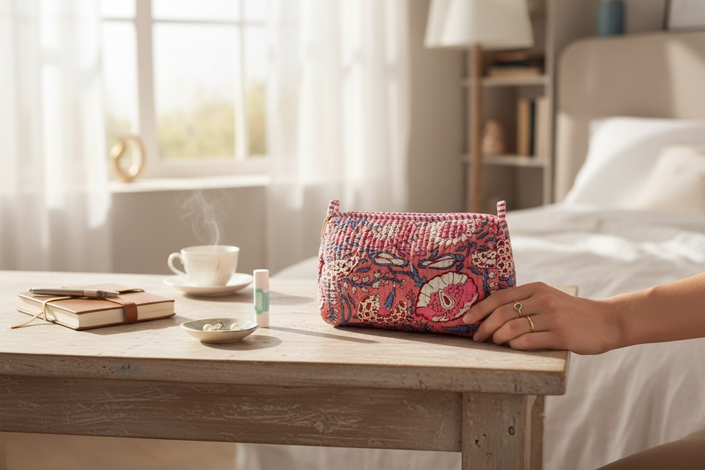 Coral Quilted Set of 3 Pouches