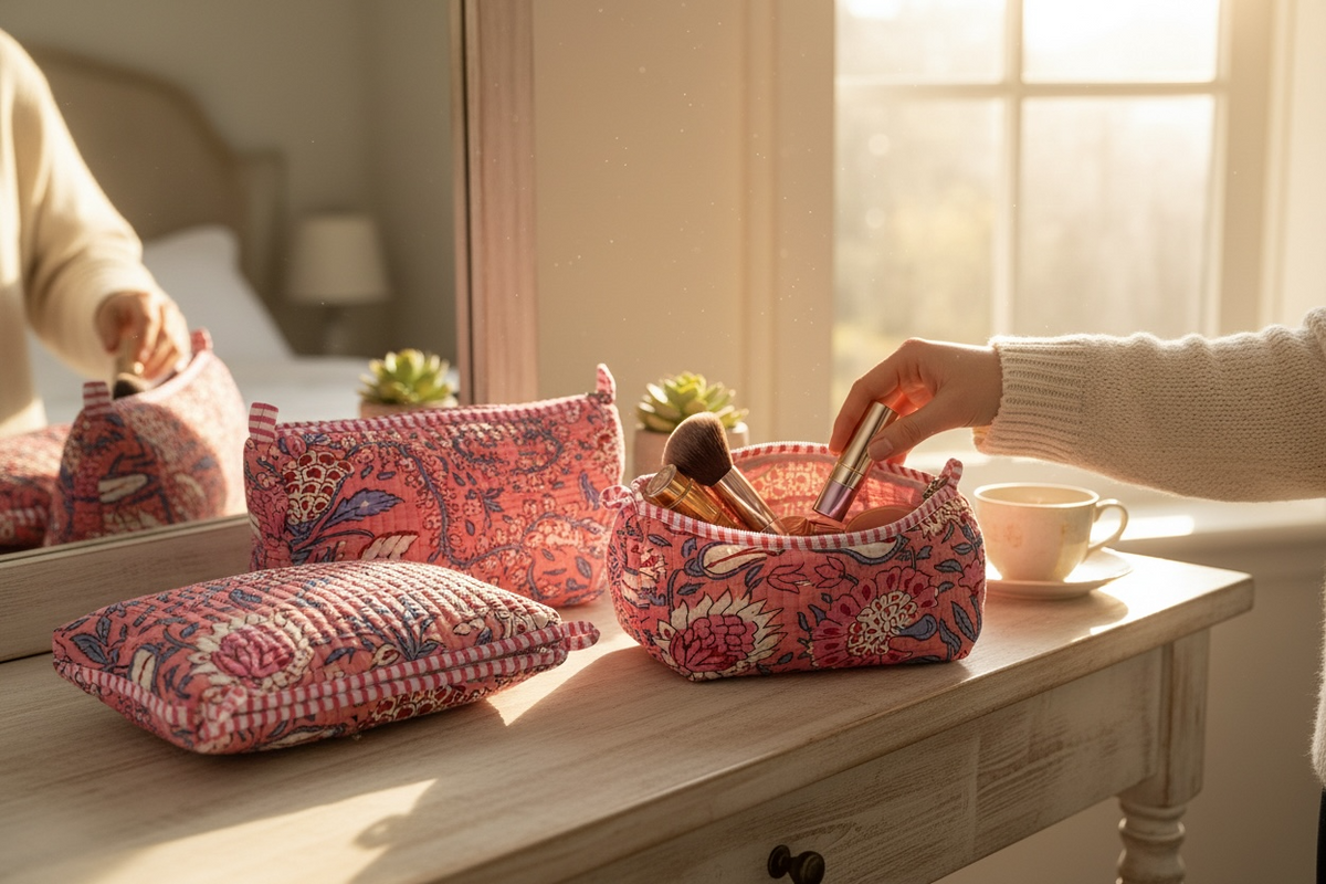 Coral Quilted Set of 3 Pouches