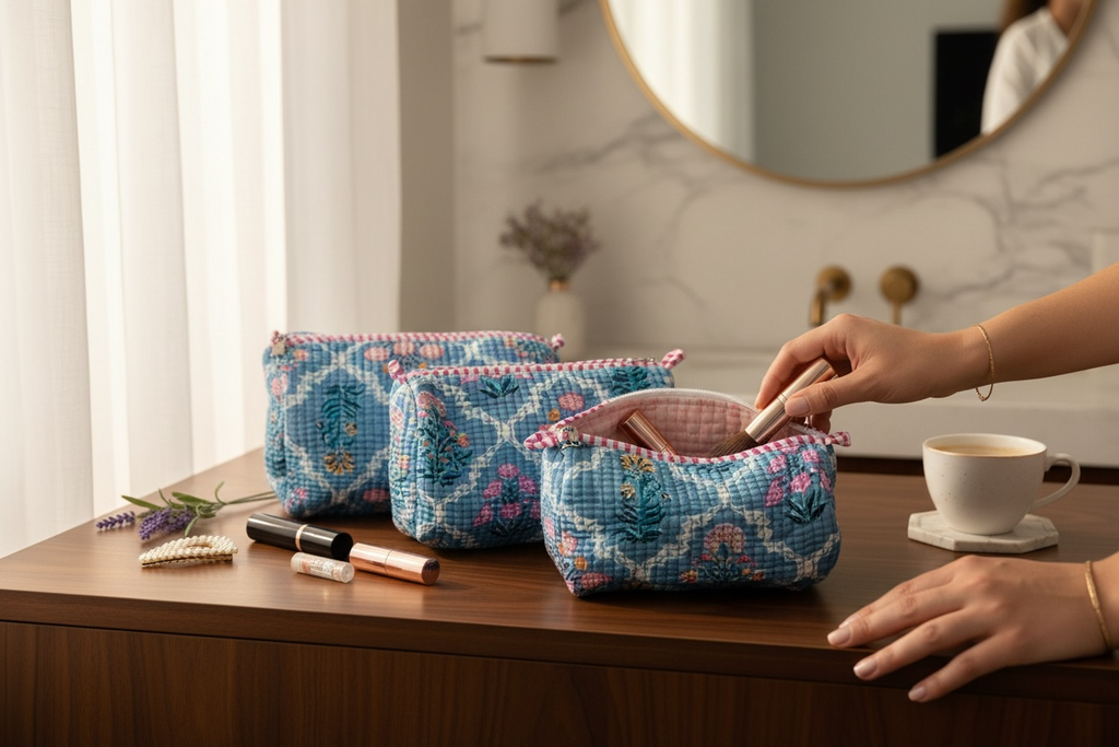 Powder Blue/Dusty Rose Set of 3 Pouches