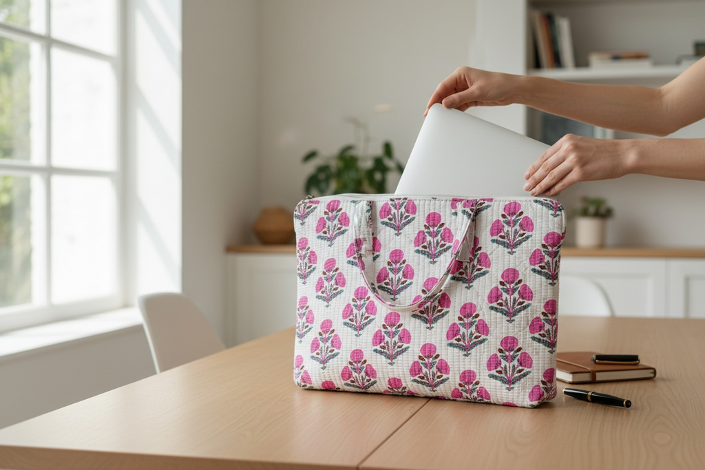 White Blockprint Laptop Case