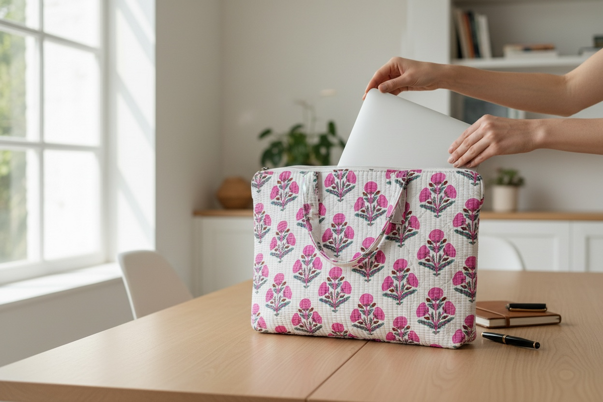 White Blockprint Laptop Case